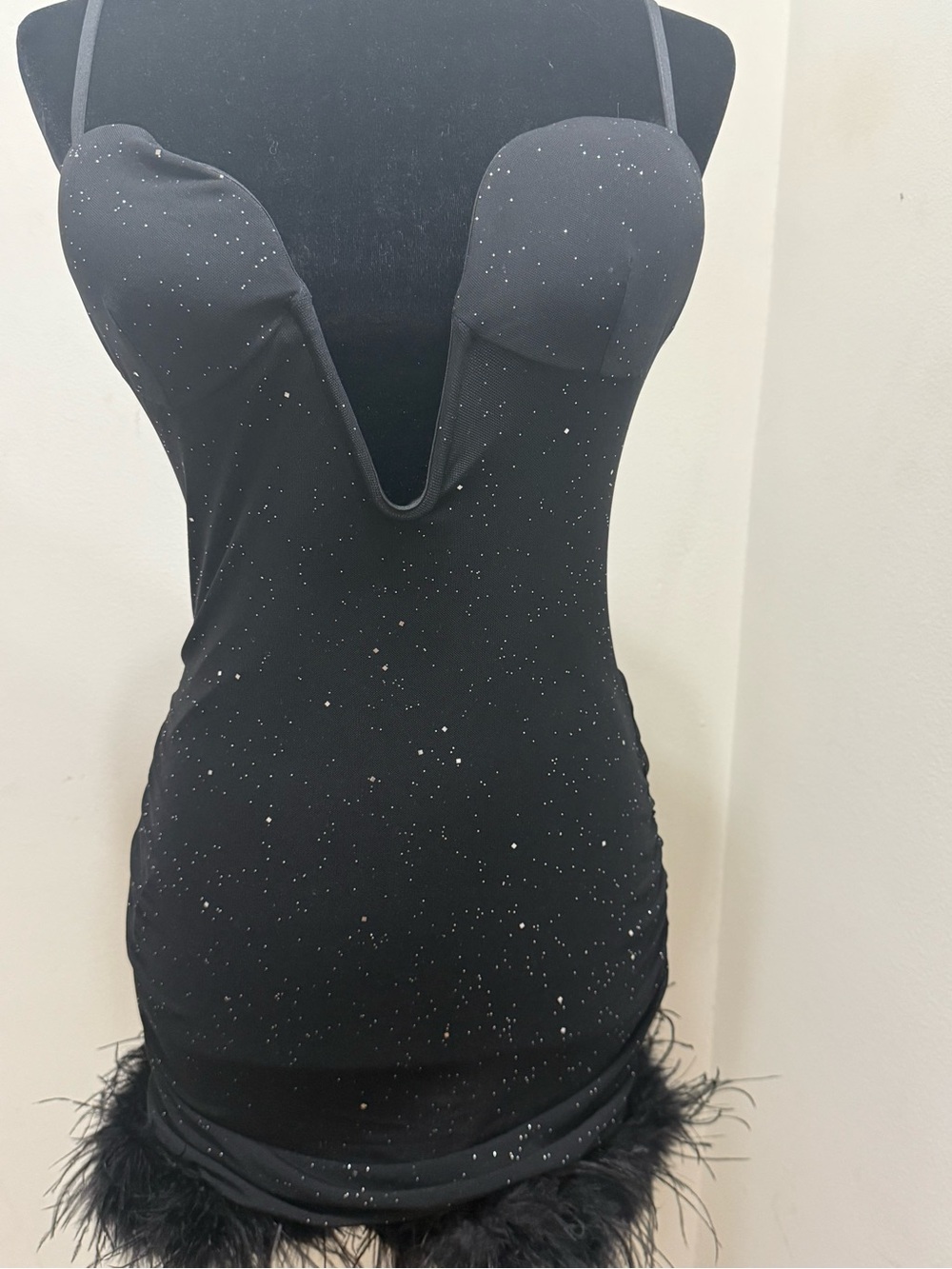 Fashion Nova Black Sparkle Feather Hem Mini Dress